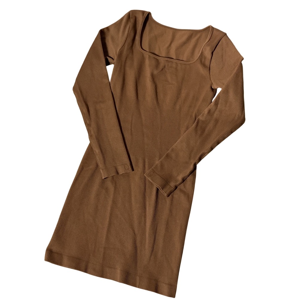 OQQ Ribbed Long Sleeve Bodycon Dress Womens M Brown Square Neck Mini Stretch